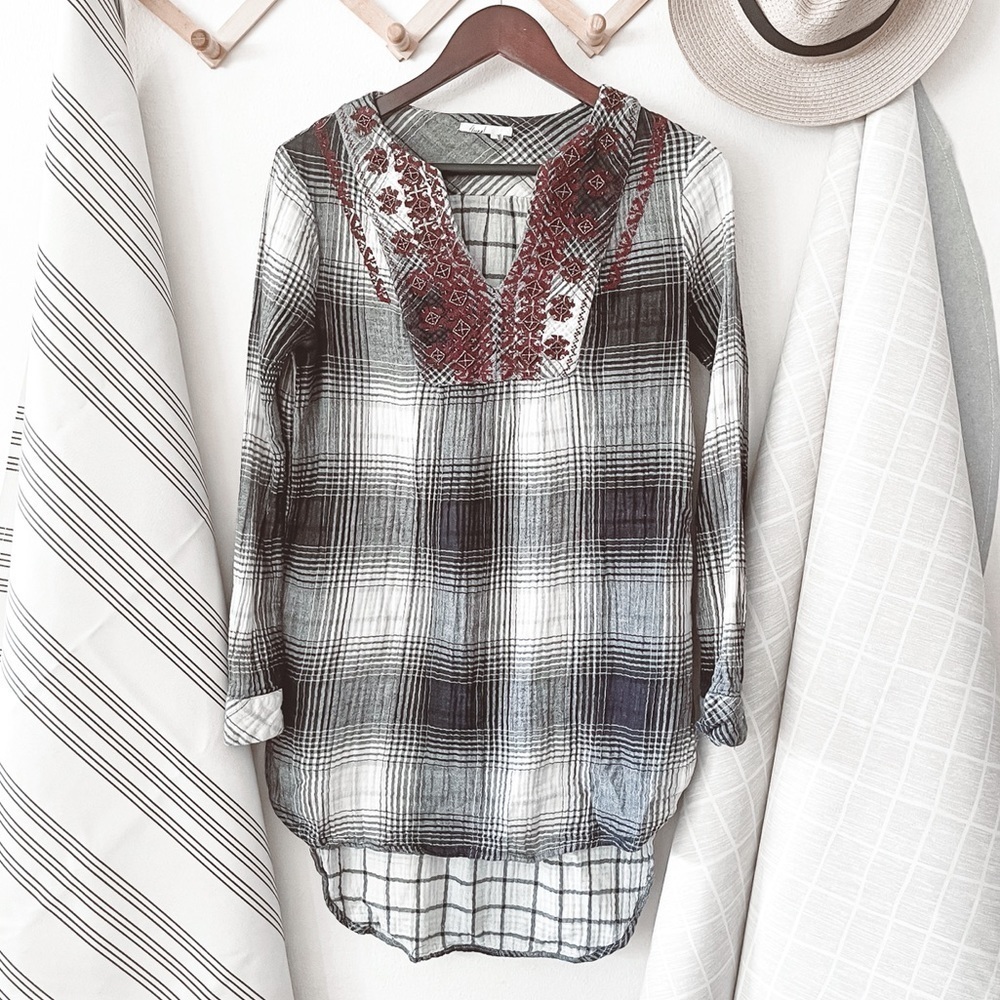 Anthropologie Floreat Plaid Embroidered Tunic